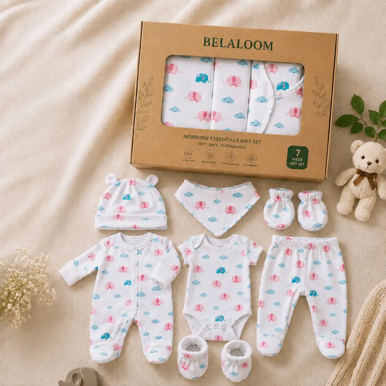 Organic baby clothing flatlay with eucalyptus